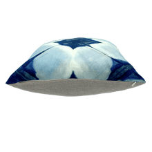 Load image into Gallery viewer, side view of printed indigo blue shibori square linen cushion designed and hand made in Australia with invisible zip