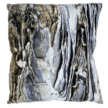 Load image into Gallery viewer, soft paperbark in grey and beige neutrals printed on square linen designer cushion handmade in Australia