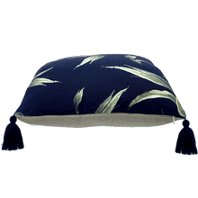 Load image into Gallery viewer, side view of printed eucalyptus gumleaf on blue square linen designer cushion with tassels and handmade in Australia