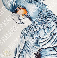 Load image into Gallery viewer, black cockatoo printed on indigo beige linen designer cushion with tassels handmade in Australia with watermark