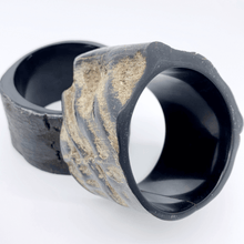 Load image into Gallery viewer, A picture of Natural Textured outer, polished inner Old Fashioned Online 5cm wide Cuff bangle, made from ethically sourced Buffalo horn