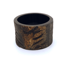 Load image into Gallery viewer, A spinning picture of Natural Textured outer, polished inner Old Fashioned Online 5cm wide Cuff bangle, made from ethically sourced Buffalo horn