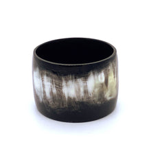 Load image into Gallery viewer, A picture of Polished Black with accents of white and mushroom Old Fashioned Online Gypsy cuff bangle bracelet, ethically sourced natural buffalo horn