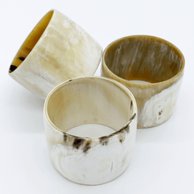 Load image into Gallery viewer, A picture of a Polished White with accents of mushroom Artisan Old Fashioned Online cuff bangle bracelet, ethically sourced natural buffalo horn