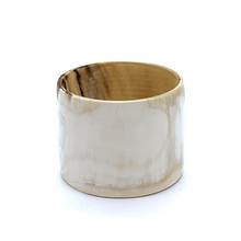 Load image into Gallery viewer, A picture of spinning Polished White with accents of mushroom Artisan Old Fashioned Online cuff bangle bracelet, ethically sourced natural buffalo horn