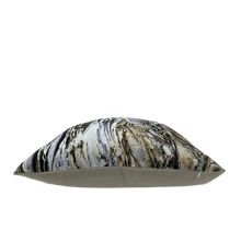 Load image into Gallery viewer, side view of soft paperbark in grey and beige neutrals printed on square linen designer cushion handmade in Australia