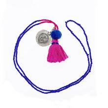 Load image into Gallery viewer, Colourful Old Fashioned Online bead neacklace with tassel, pompom and silver amulet charm necklace in pink and blue