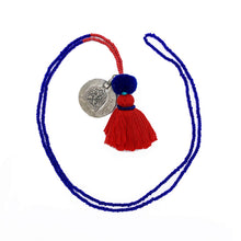 Load image into Gallery viewer, Colorful Old Fashioned Online beads with tassel, pompom and silver amulet charm necklace in pink and blue on white background