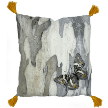 Load image into Gallery viewer, Butterfly and Australian Leopard trees bark print in grey, yellow and beige neutrals printed on square linen designer cushions