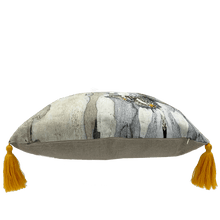 Load image into Gallery viewer, side view Butterfly and Australian Leopard trees bark print in grey, yellow and beige neutrals printed on square linen designer cushions