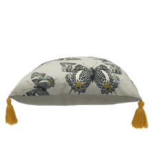 Load image into Gallery viewer, side view Butterfly print in grey, yellow and beige neutrals printed on square linen designer cushion handmade in Australia