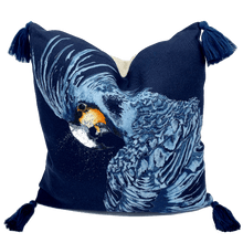 Load image into Gallery viewer, black cockatoo printed on indigo square linen designer cushion with tassels handmade in Australia