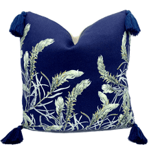 Load image into Gallery viewer, sage grevillea printed on indigo square linen designer cushion with tassels handmade in Australia