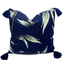 Load image into Gallery viewer, printed eucalyptus gumleaf on blue square linen designer cushion with tassels and handmade in Australia