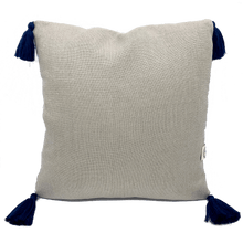 Load image into Gallery viewer, back view square linen designer cushion with tassels handmade in Australia