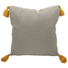 Load image into Gallery viewer, back of square linen designer handmade cushion with yellow tassels