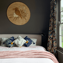 Load image into Gallery viewer, Old Fashioned Online Butterfly print in grey, yellow and beige neutrals printed on square linen designer handmade cushion on pink bed a in chocolate room with chocolate walls at Parma farm stay Nowra