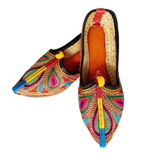 Load image into Gallery viewer, Colorful Old Fashioned Online comfy bohemian Leather slip on Flats with bronze, green and pink Feather embroidery, pompoms and orange cushioned footbed
