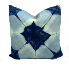 Load image into Gallery viewer, printed indigo blue shibori square linen cushion hand made in Australia