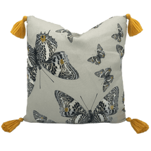 Load image into Gallery viewer, Butterfly print in grey, yellow and beige neutrals printed on square linen designer cushion handmade in Australia