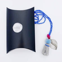 Load image into Gallery viewer, Colorful Old Fashioned Online beads with tassel, pompom and silver amulet charm necklace in pink and blue with gift box