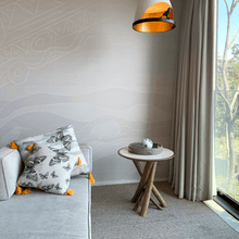 Load image into Gallery viewer, Butterfly print in grey, yellow and beige neutrals printed on square linen designer handmade cushion on lounge with bilby print wallpaper at Wildlife Retreat Taronga Sydney