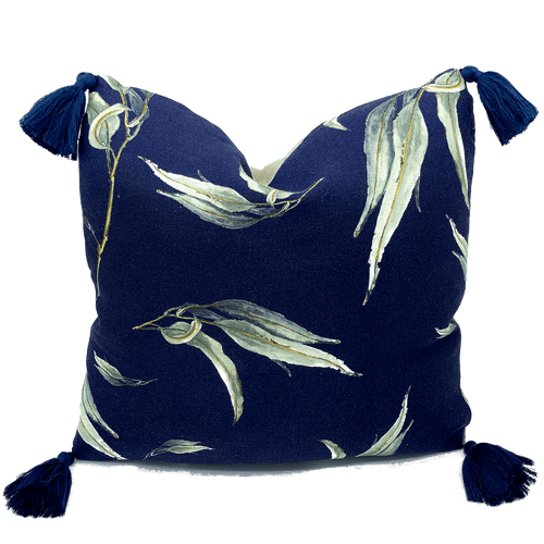 printed eucalyptus gumleaf on blue square linen designer cushion with tassels and handmade in Australia