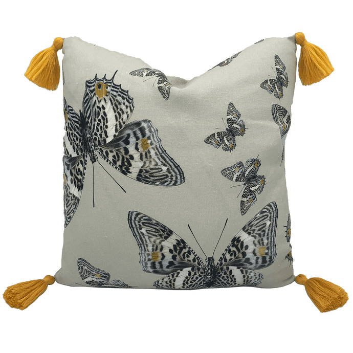 Butterfly print in grey, yellow and beige neutrals printed on square linen designer cushion handmade in Australia